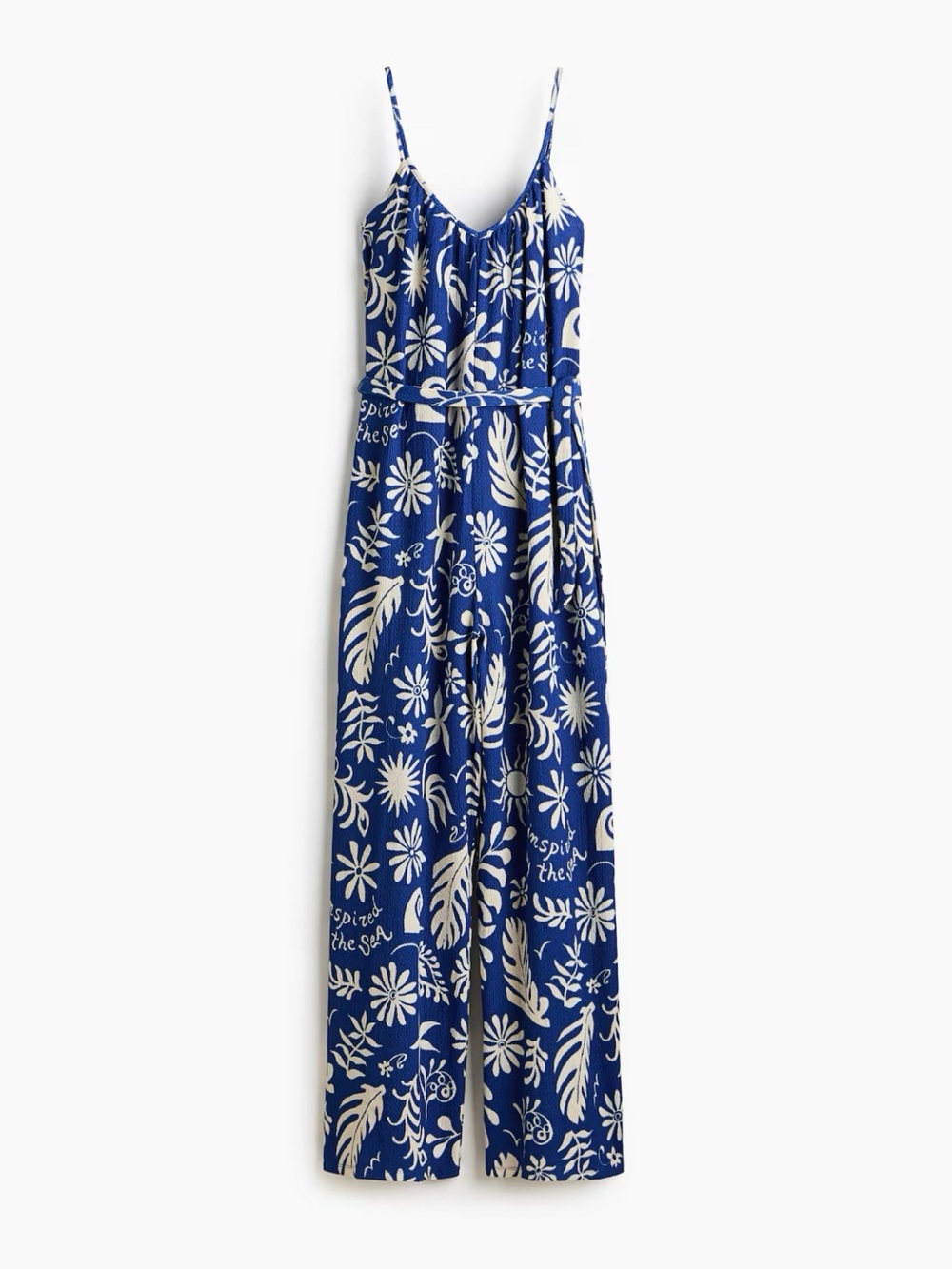 H&M Blue and White Floral Spaghetti-Strap Jumpsuit